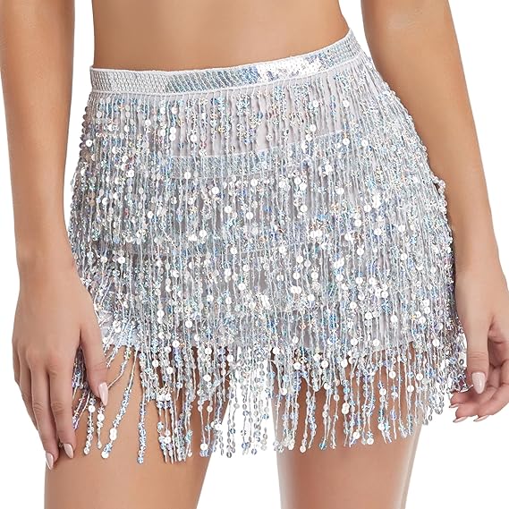 Women's Sequin Tassel Skirts Rave Fringe Hip Scarf for Festival