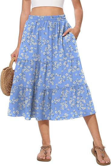 Women's Summer Midi Skirt Tiered Flowy High Waist A-Line Elastic Ruffle Casual Skirts with Pockets